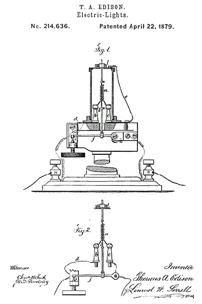 Иллюстрация из патента Томаса Эдисона на электрический свет 1879 года, его первого такого устройства. Эдисон расширил идеи в этом патенте на протяжении всей своей карьеры, заявив о сотнях патентов, связанных с электрическим освещением.